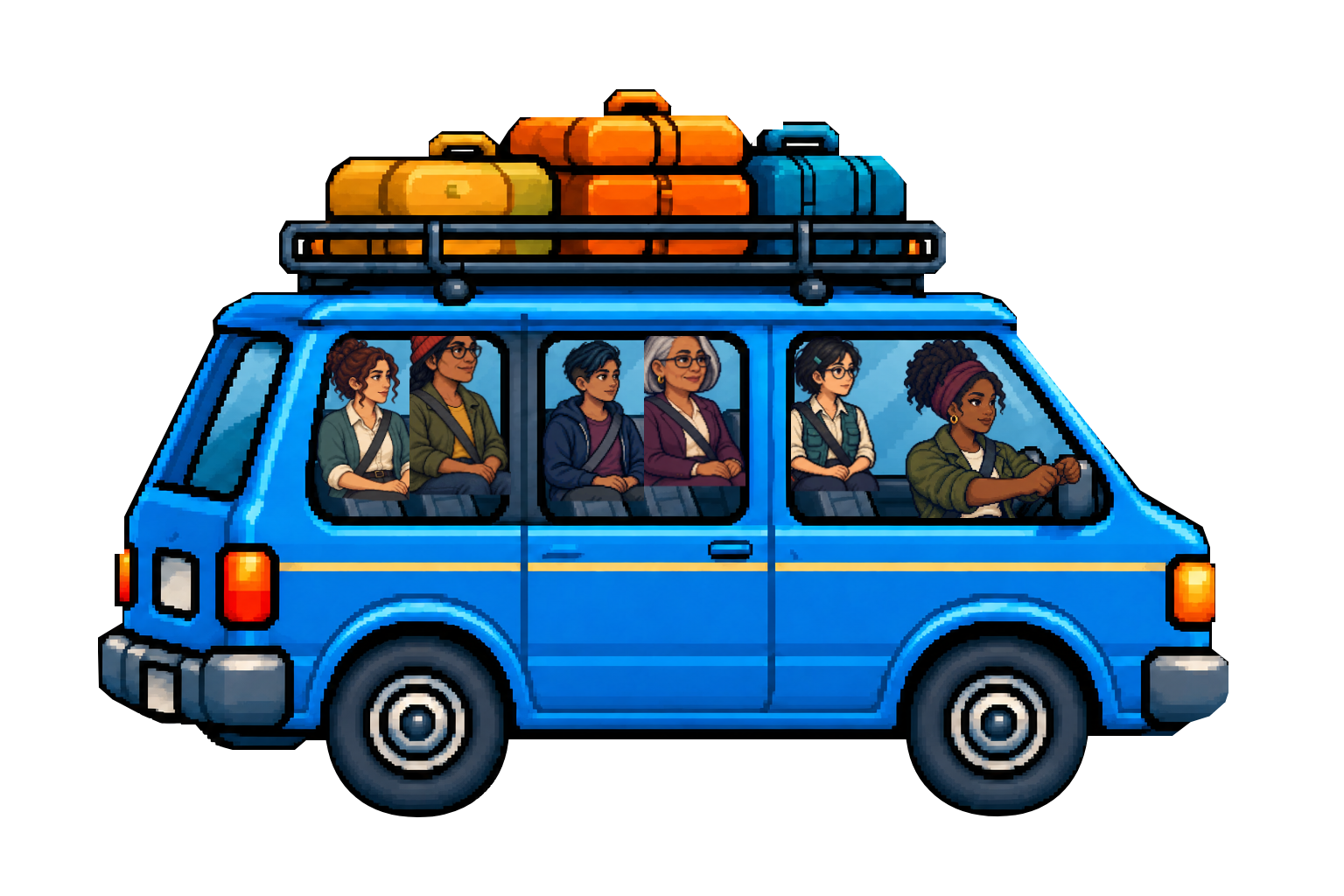 Six traveling companions seated in a blue van with luggage on the roof.