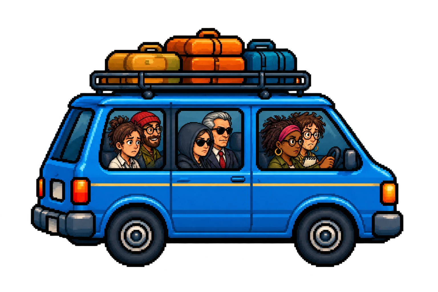 Six unlikely traveling companions packed into a blue van with luggage on the roof.