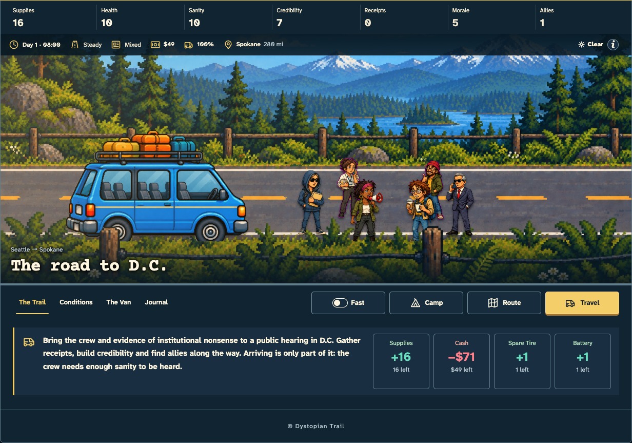 Actual Dystopian Trail gameplay: guide the van toward D.C., track supplies and crew health, choose your pace, and review the route or make camp.